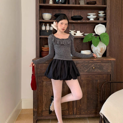 French sweet age-reducing slim-fit polka-dot long-sleeved ruffle top