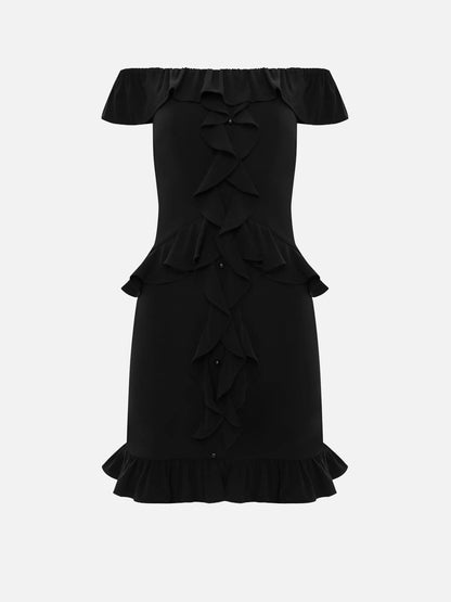 Sexy one-word shoulder dress slim-fitting ruffle edge short skirt wind waist hip skirt