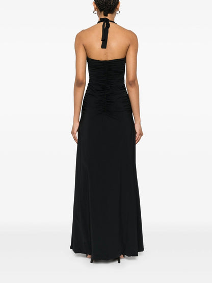 Women's new solid color elegant neck deep V waist long dress sexy backless pleated dress women