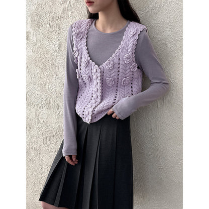 Gentle three-dimensional crochet knitted sweater vest women's 26 early spring wool hollow V-neck stacked vest