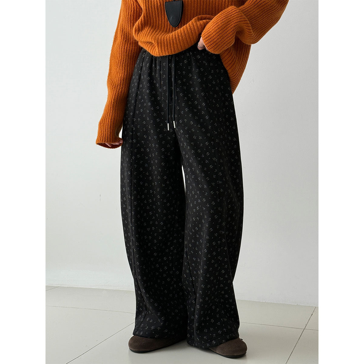 Fleece thickened micro-sickle floral wide-leg pants women's winter new thin elastic waist long pants