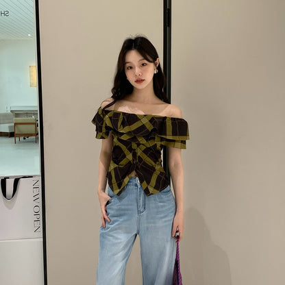 Camouflage ruffle edge one-word off-the-shoulder short-sleeved shirt women