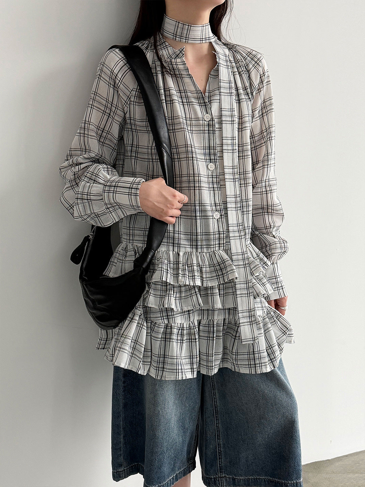 Korean plaid ruffle V-neck lace-up shirt for women's 26 spring niche design stacked dress