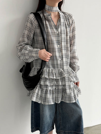 Korean plaid ruffle V-neck lace-up shirt for women's 26 spring niche design stacked dress