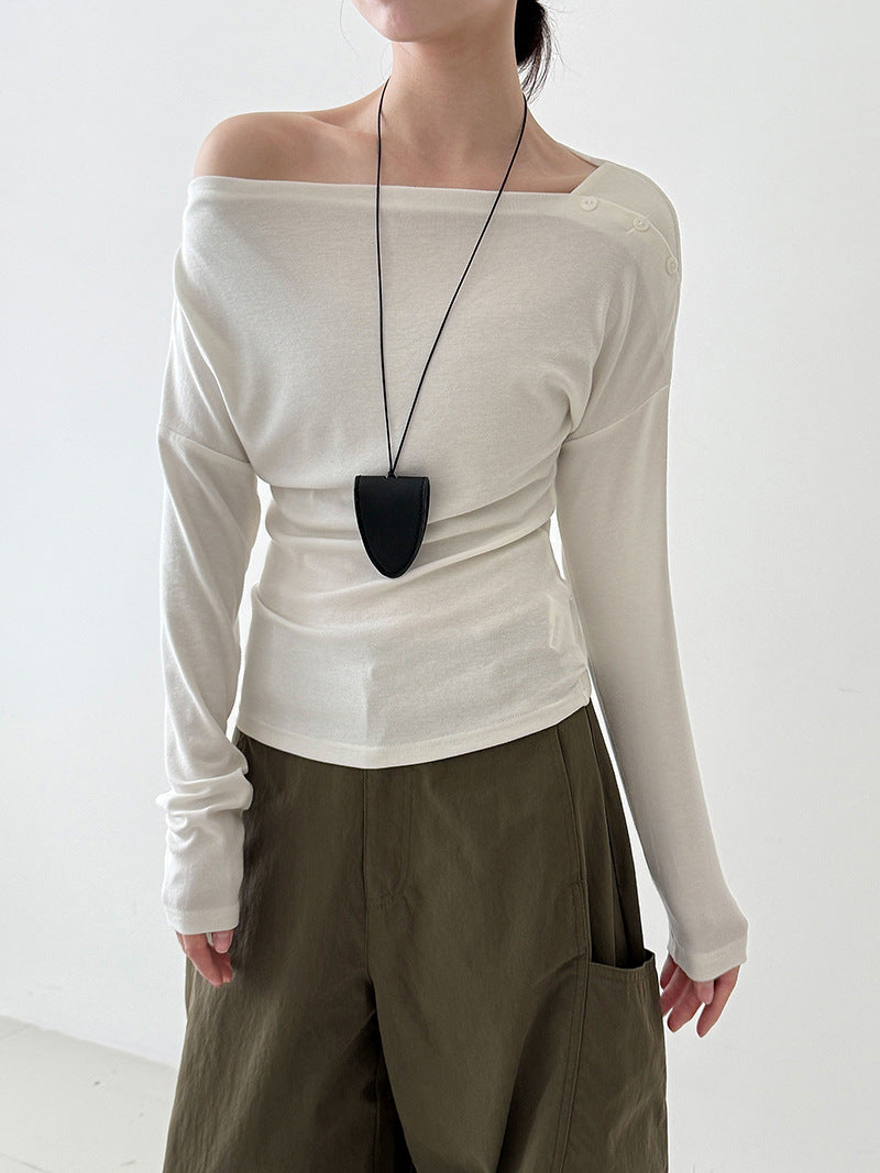 Korean asymmetrical button off-shoulder long-sleeved high-elastic bottoming shirt top women's Qiuxin slim-fitting and thin knitted sweater