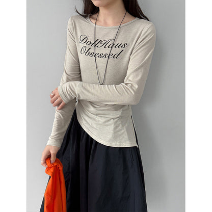 Irregular letter-printed slim-fit bottoming shirt Thin pleated Tencel wool long-sleeved T-shirt