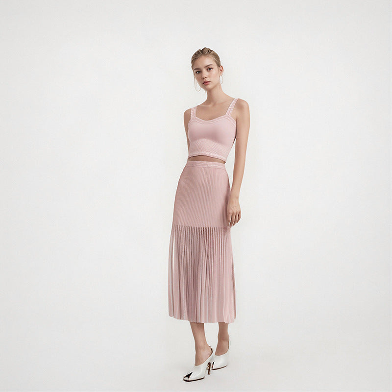 Sleeveless Two-Piece Set Women Hollow Beaded Vest Top Skirt Suit