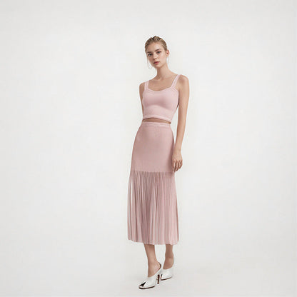Sleeveless Two-Piece Set Women Hollow Beaded Vest Top Skirt Suit