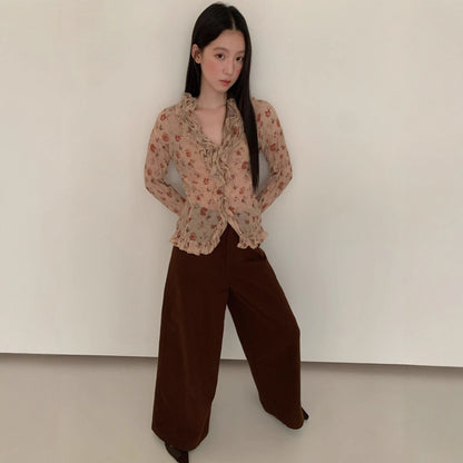 Rose print design ruffle edge thin through shirt