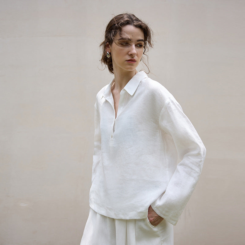Linen Long Sleeve Polo Collar Shirt