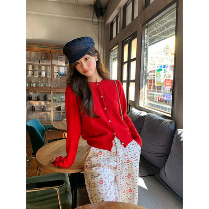 Simple and versatile single-breasted long-sleeved knitted cardigan