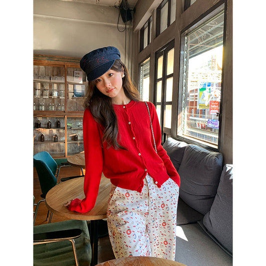 Simple and versatile single-breasted long-sleeved knitted cardigan