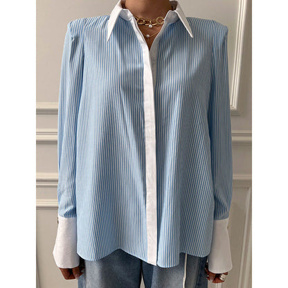 Spring and Autumn Temperament Commuter Fashion Casual High-end Shirt Women's Splicing Long Sleeve Striped Women's Shirt