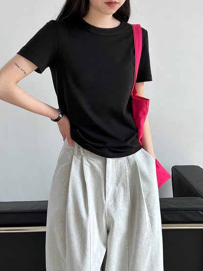 Simple solid color shoulder short-sleeved T-shirt