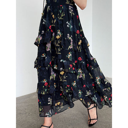French elegant blended floral V-neck sundress women's summer new waist lace sundress
