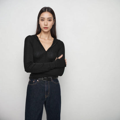 Hooded Long Sleeve Knit Top Women Slim Fit Half-Zip Pullover Sweater