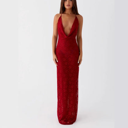 Women's new fashion lace lace-up long dress big halter sexy hottie suspender dress