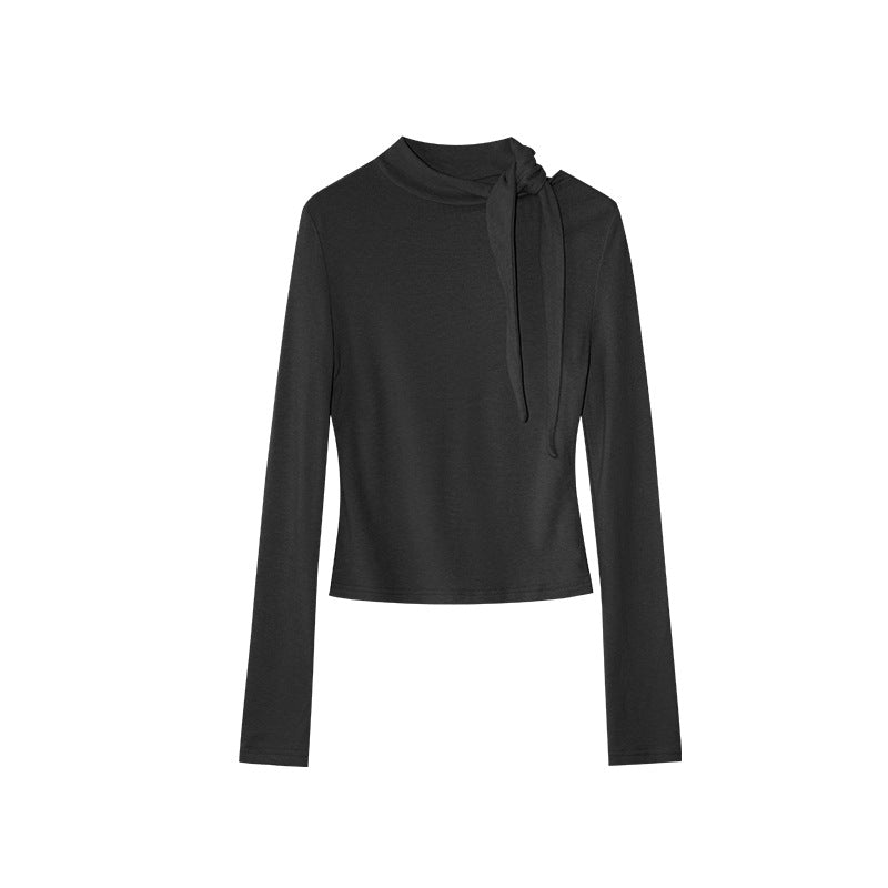 Gentle and sweet age-reducing lace-up collar slim-fitting long-sleeved bottoming shirt