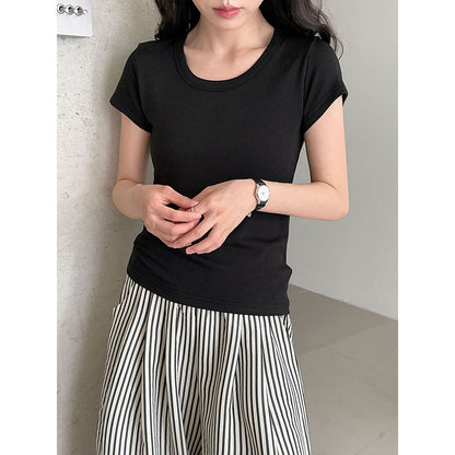 Huge comfort~ Tencel wool shoulder U-neck short-sleeved T-shirt women's summer commuting slim-fitting and thin top