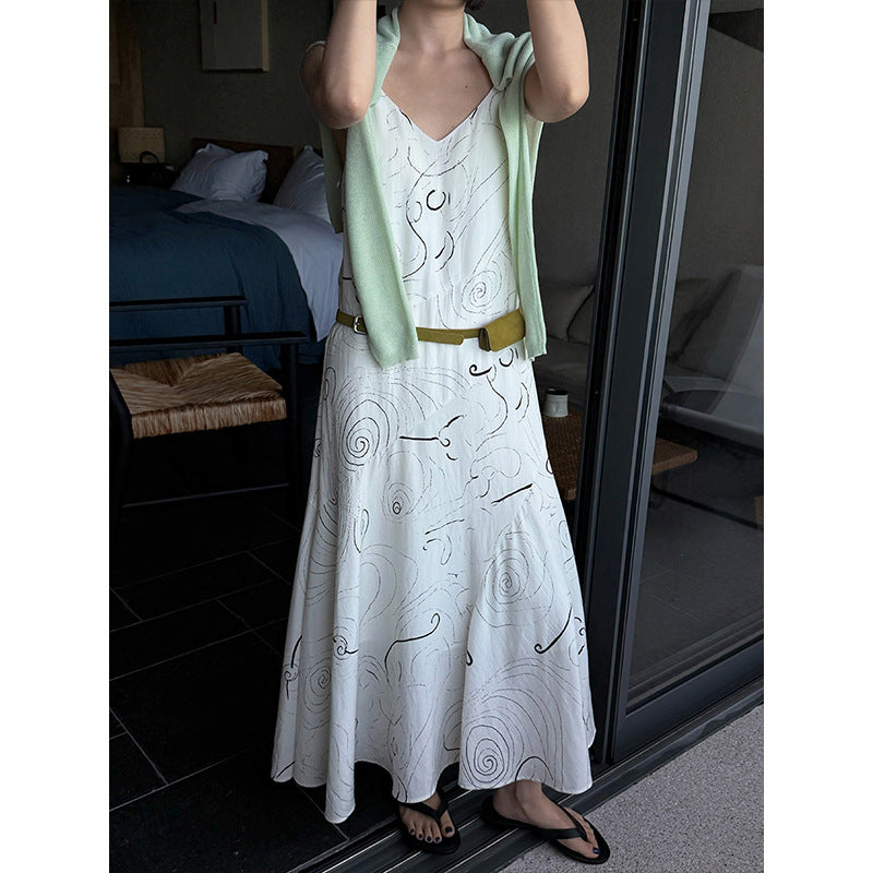 Tencel linen spiral line suspender skirt