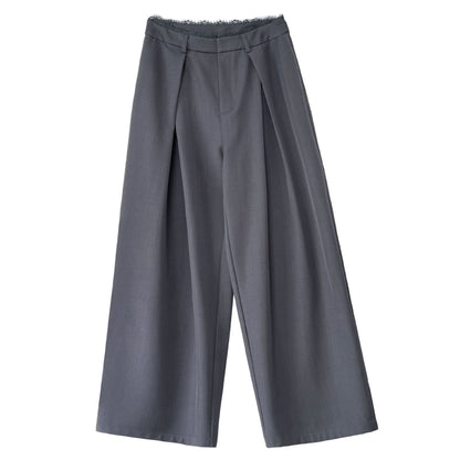 Vintage casual high-waisted lace splicing wide-leg suit pants women's spring drape straight floor trousers