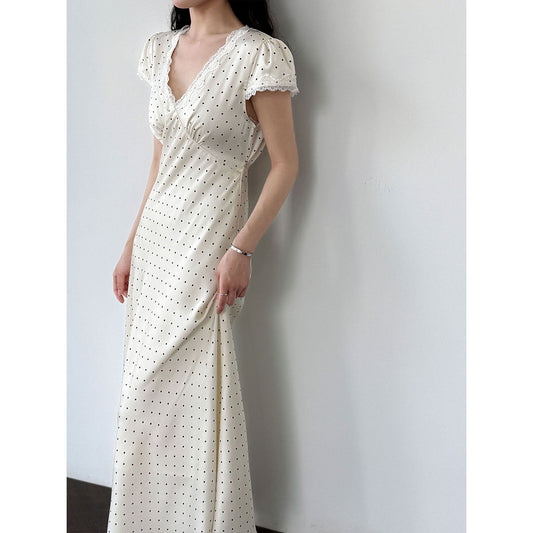 French V-neck lace splicing dress women's summer new polka dot temperament waist and thin dress