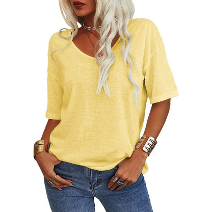 V-Neck Short Sleeve T-Shirt Women Loose Fit Casual Cotton Top