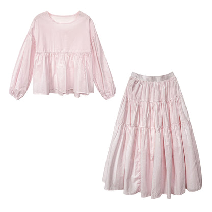 Sweet doll shirt + big swing skirt set Spring new pleated skirt two-piece set