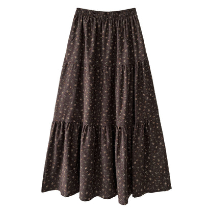 Retro floral splicing large skirt high waist skirt women's autumn new thin plush dress 1728