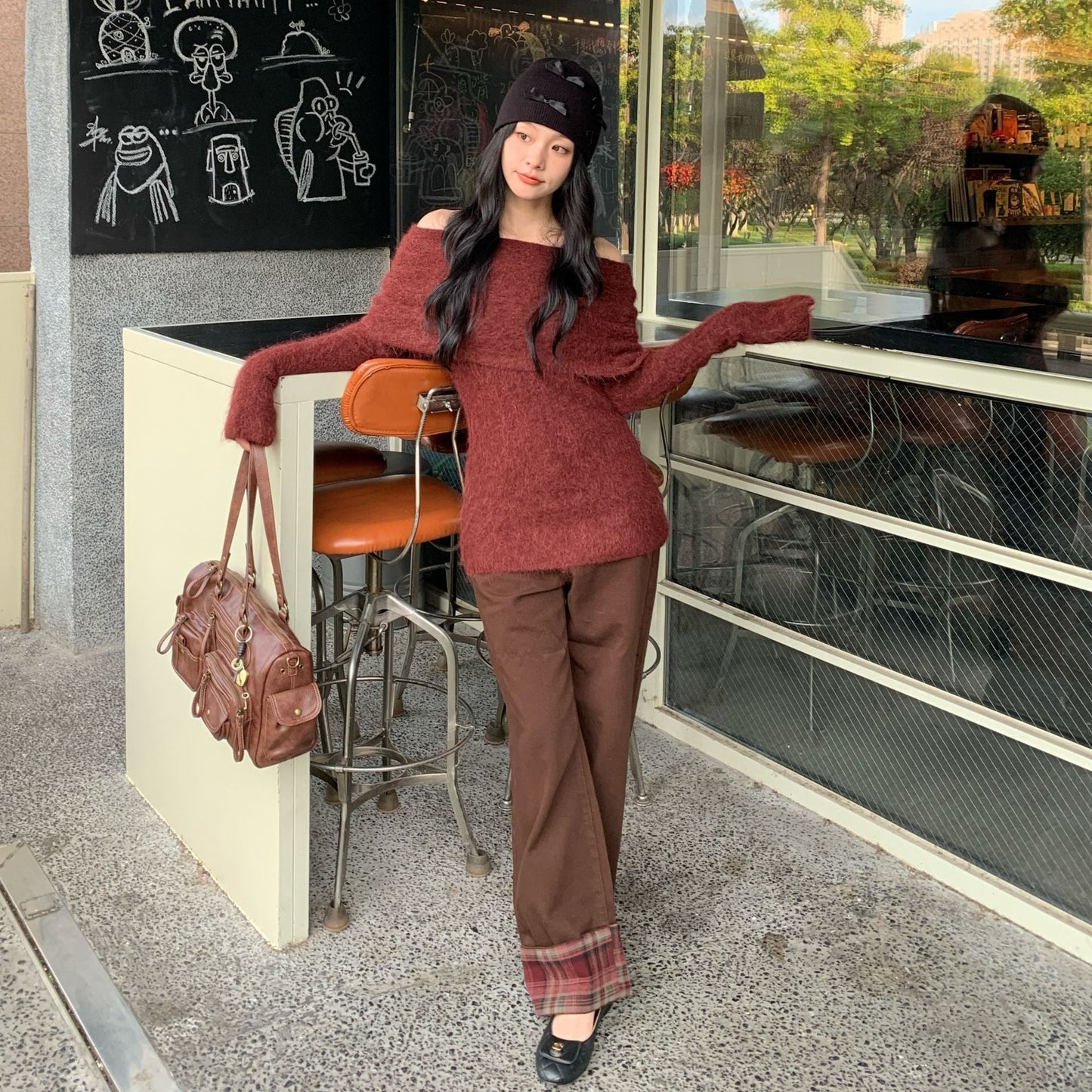 Vintage plaid paneled rolled-up versatile straight-leg jeans