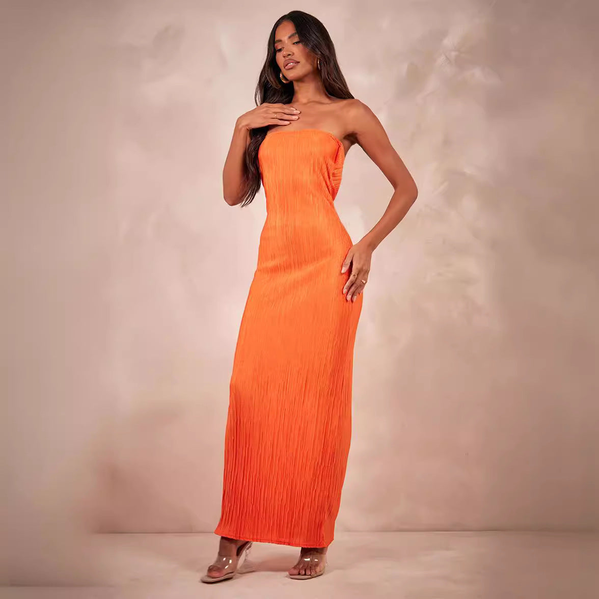 Trendy Pleated Tube Top Maxi Dress