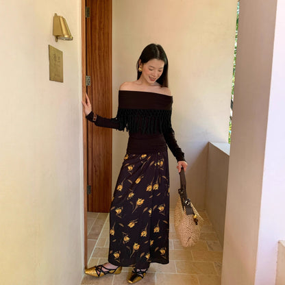 Retro beautiful temperament high waist straight lace-up floral skirt