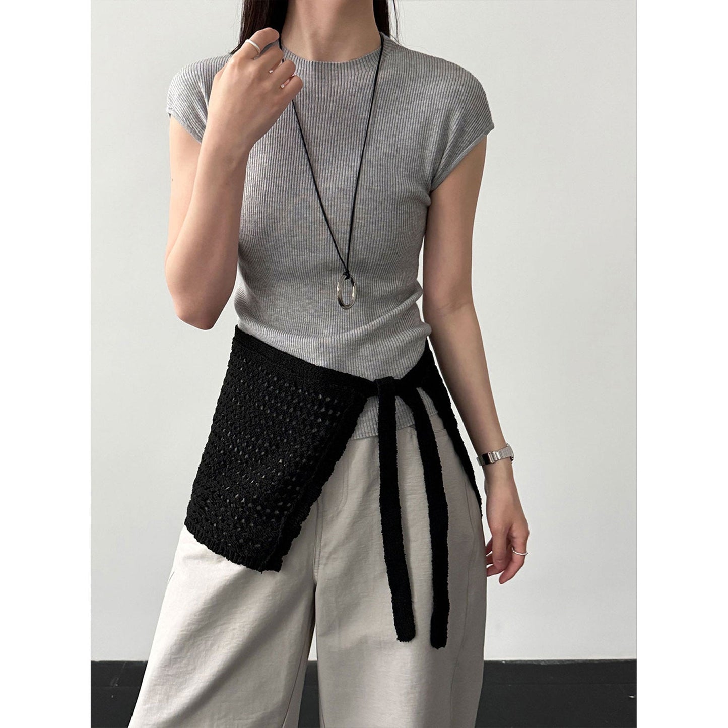 Simple slim temperament flying sleeves wool knitted top women's 26 spring new versatile T-shirt