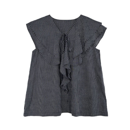 Korean design ruffle shirt women's summer new V-neck striped versatile and thin top