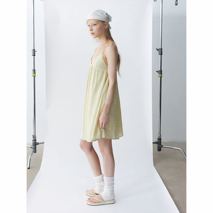 Summer casual V-neck hemp striped simple short double-root suspender dress