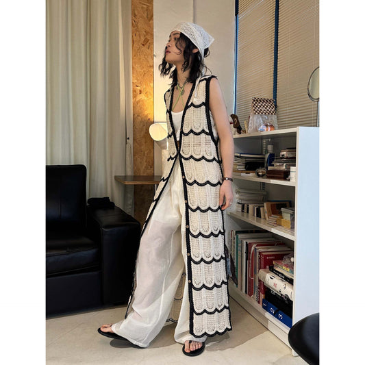 New French bohemian wave crochet long knitted cardigan holiday top women