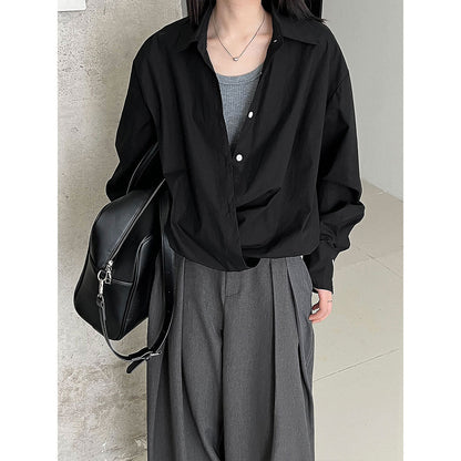 Korean high-texture large V-neck stacked shirt women's autumn lazy design hem waist shirt