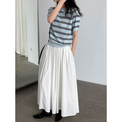 Korean striped lapel neck knitted sweater top women's autumn new contrasting color casual commuter short sleeve Tss746