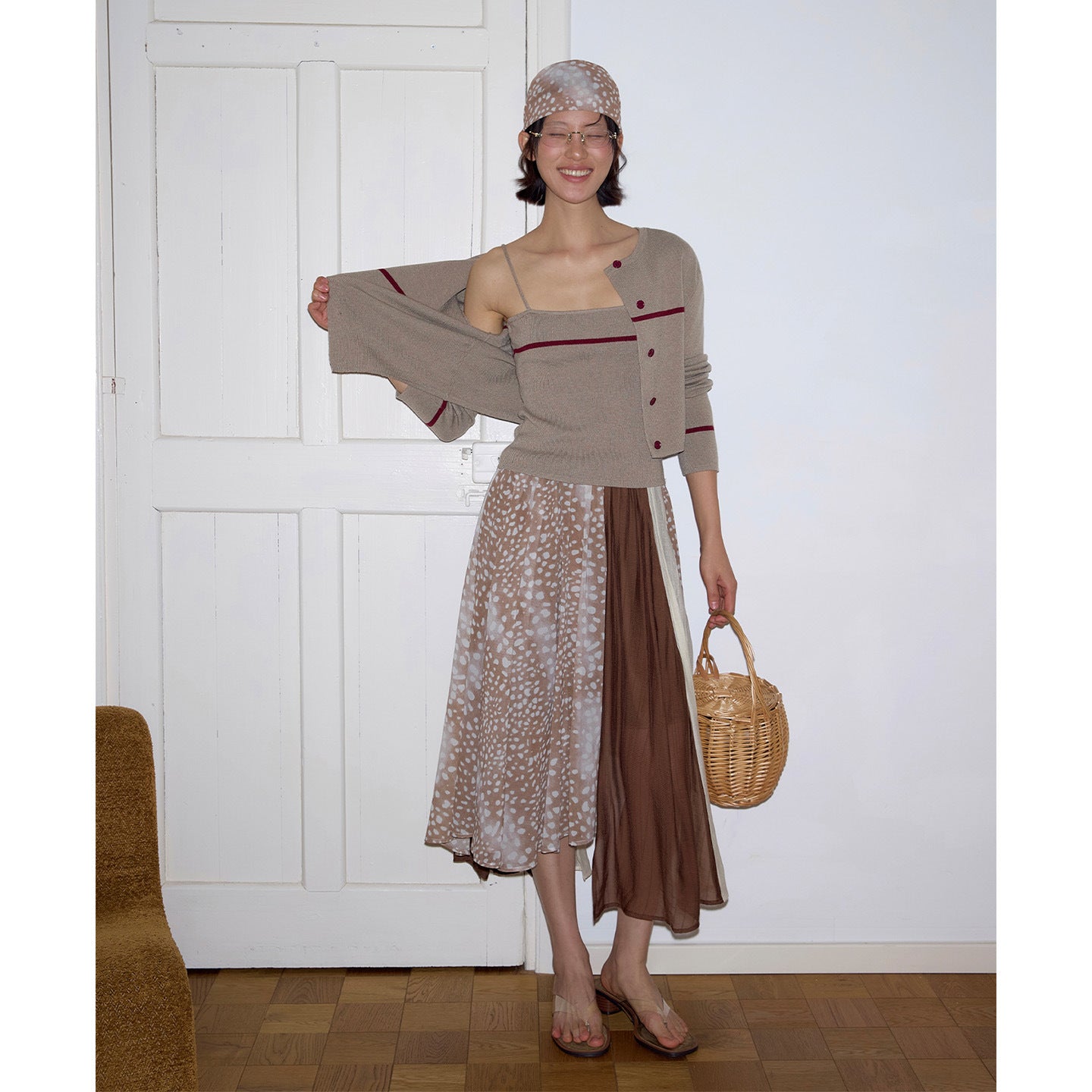 Irregular printing and dyeing chiffon splicing skirt literary Mori medium and long skirt