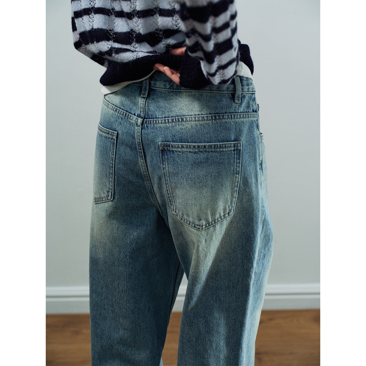 Spring casual high-waisted old-fashioned dirty basic versatile long straight jeans