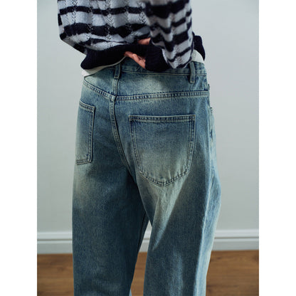 Spring casual high-waisted old-fashioned dirty basic versatile long straight jeans