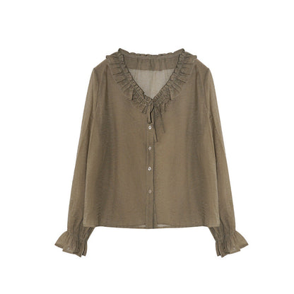 Gentle temperament perspective fungus edge lace-up long-sleeved shirt women