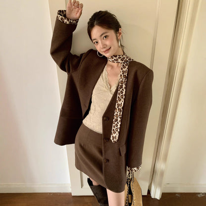 Women's Leopard Print V-Neck Pocket Loose Long Sleeve Blazer