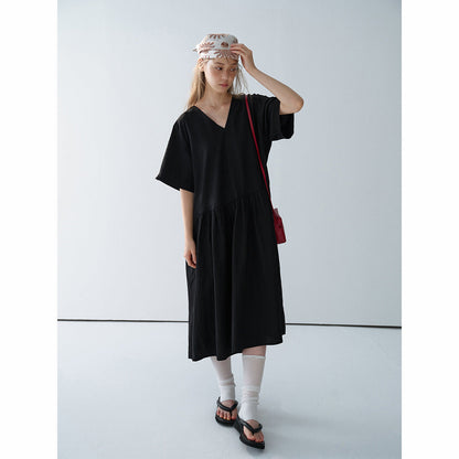 Summer new casual V-neck bamboo Tencel loose split long dress