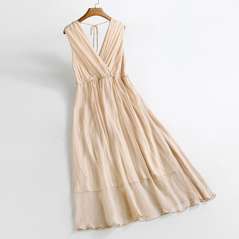 V-Neck Sleeveless Dress Women Mid Waist Mulberry Silk Maxi Two-Piece