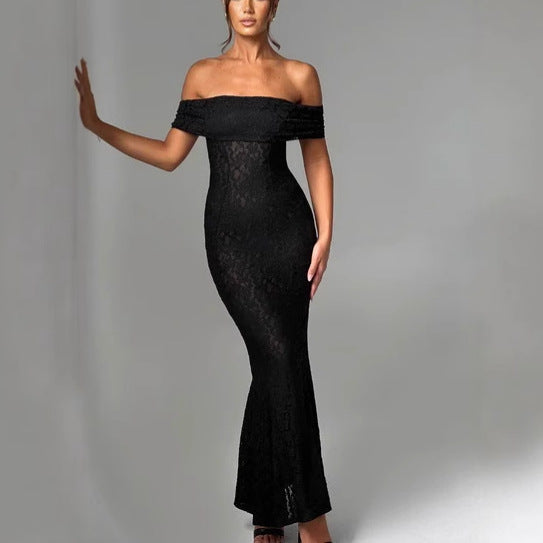 Lace one-shoulder dress backless sexy see-through bandeau skirt
