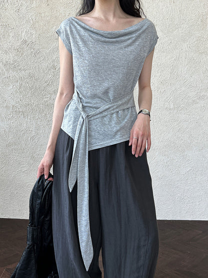 Korean temperament simple swing neck knitted short-sleeved top women's summer asymmetrical lace-up thin T-shirt