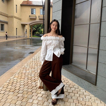 Splicing lace corduroy straight-leg pants