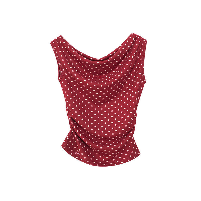 Early Spring Fashion Slim-Fit Women's T-Shirt Swinging Neck Polka Dot Sleeveless Top