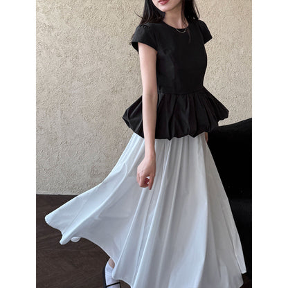 Temperament versatile splicing pleated hem lace T-shirt spring and summer new simple niche top short sleeve